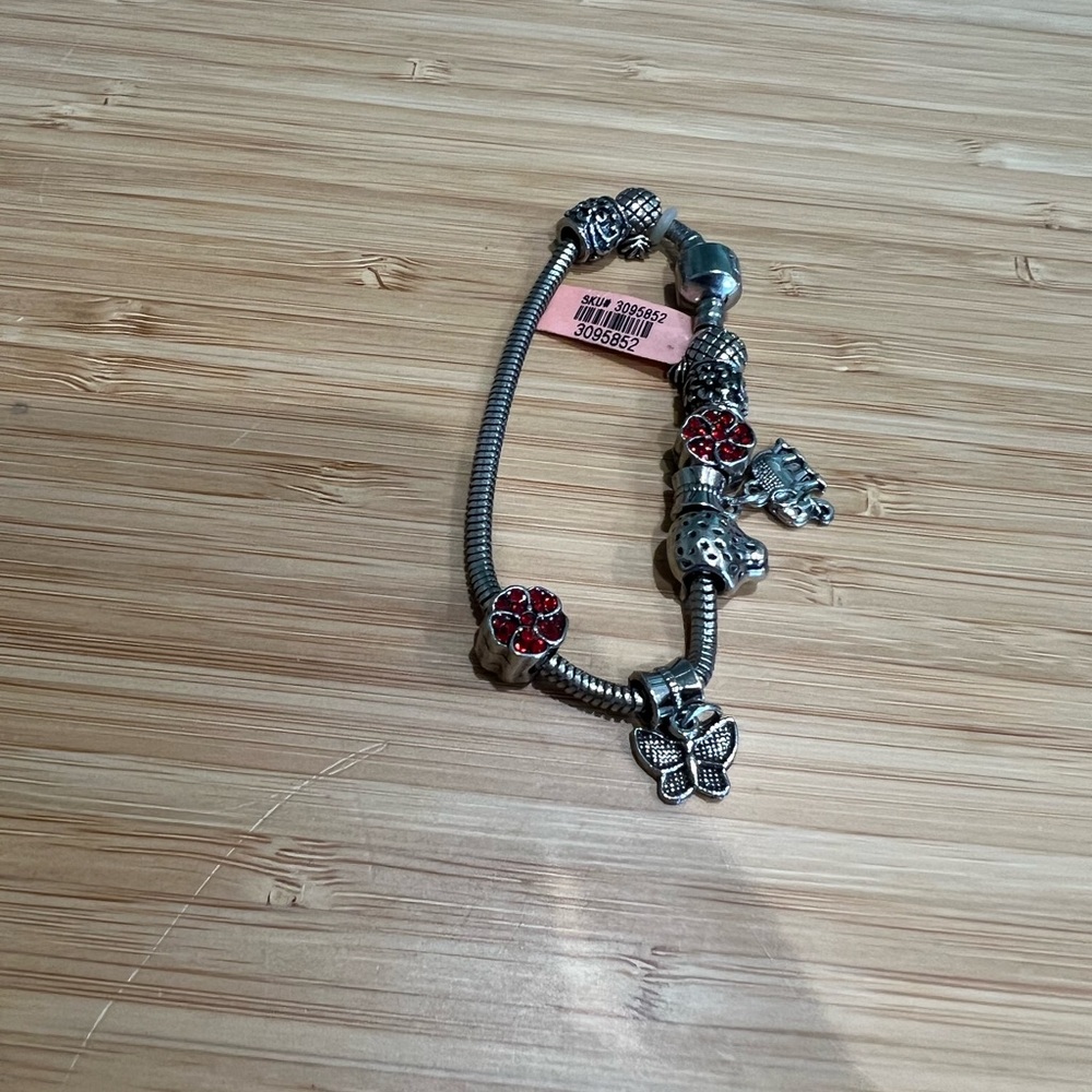 Red & Silver Charm Bracelet – Elephant, Butterfly, Pineapple & Leopard